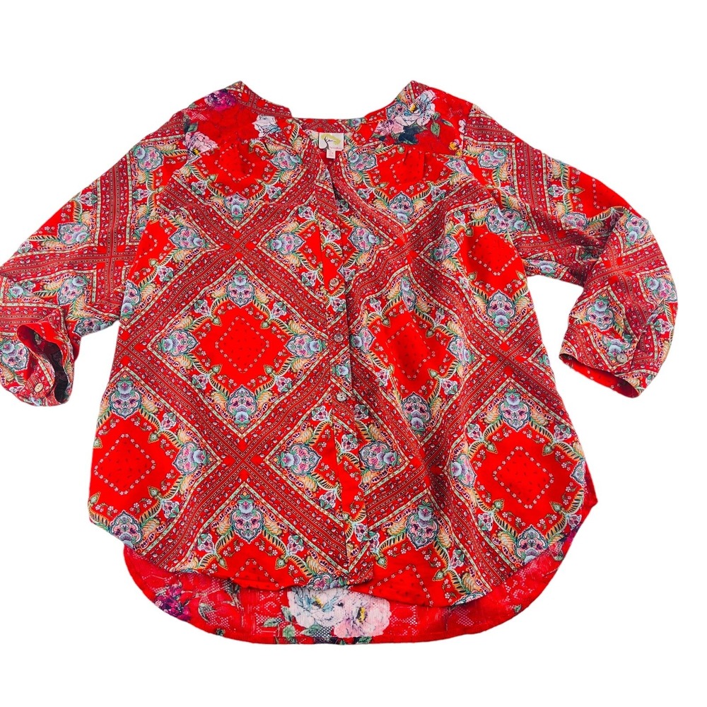 Fig & Flower Women's Blouse 2X‎ Colorful Red Blouse 3/4 Sleeves Button Down